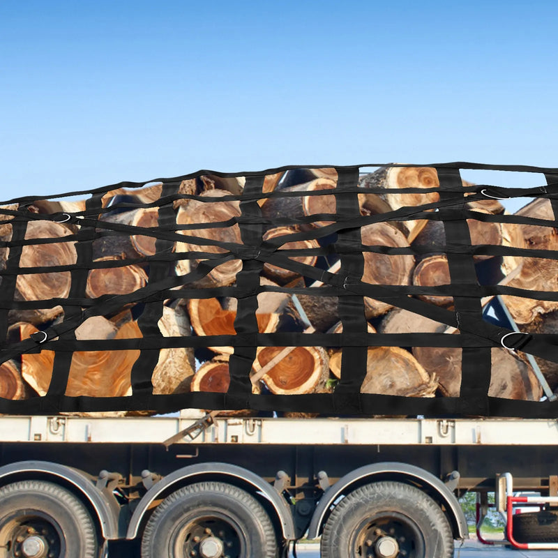 Kravas nodalījuma tīkls ar krustenisku siksnu pastiprinājumu un D-gredzenu āķiem