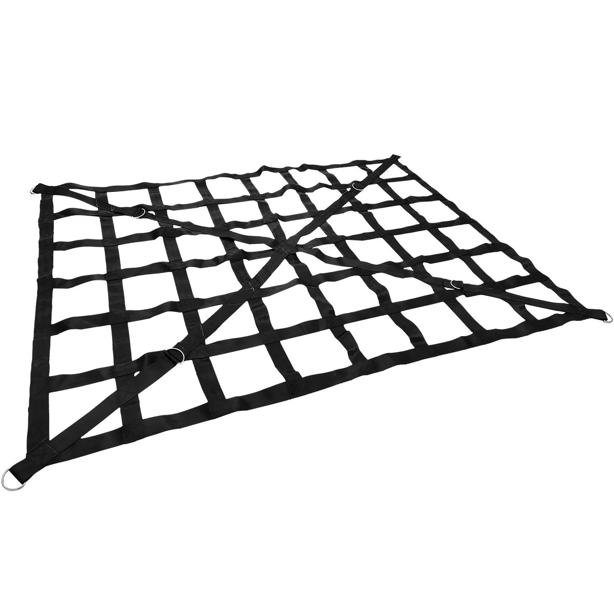 Cargo compartment net with cross strap reinforcement and D-ring hooks