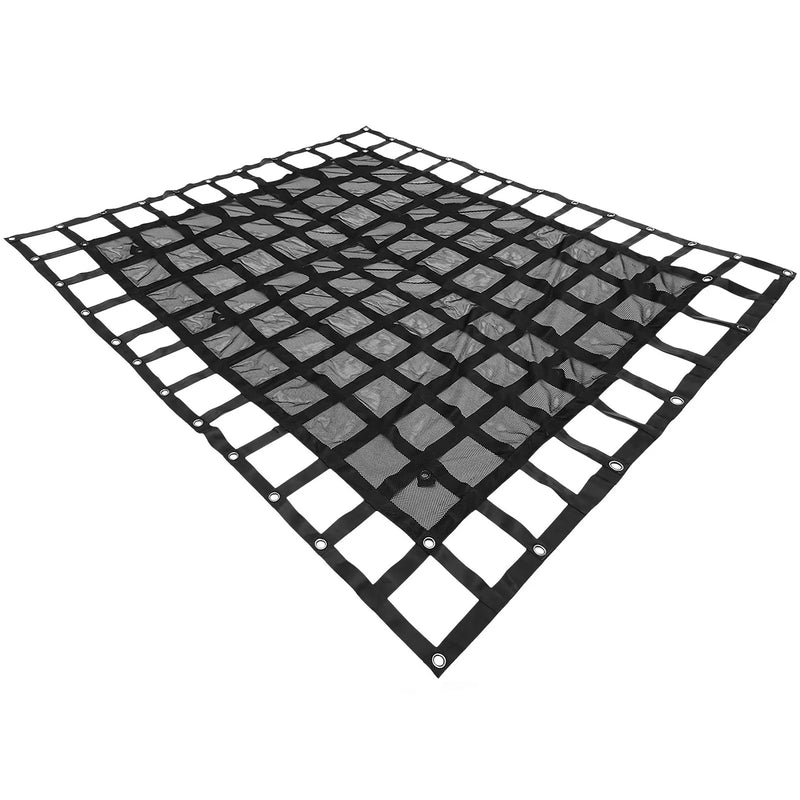 Kravas automašīnas kravas tīkls 2,44 x 2,04 m ar sprūdrata sprādzēm un S-veida āķiem, paredzēts pikapa kravas kastēm, kravnesība līdz 500 kg