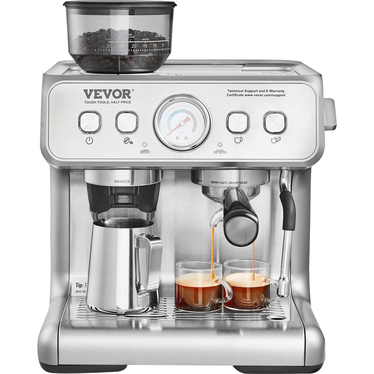 VEVOR pusautomātiskais espresso automāts 15 bar ar dzirnaviņām