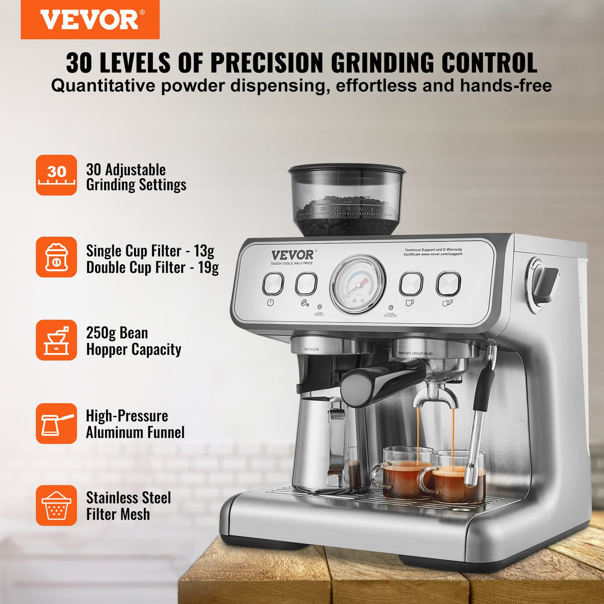 VEVOR pusautomātiskais espresso automāts 15 bar ar dzirnaviņām