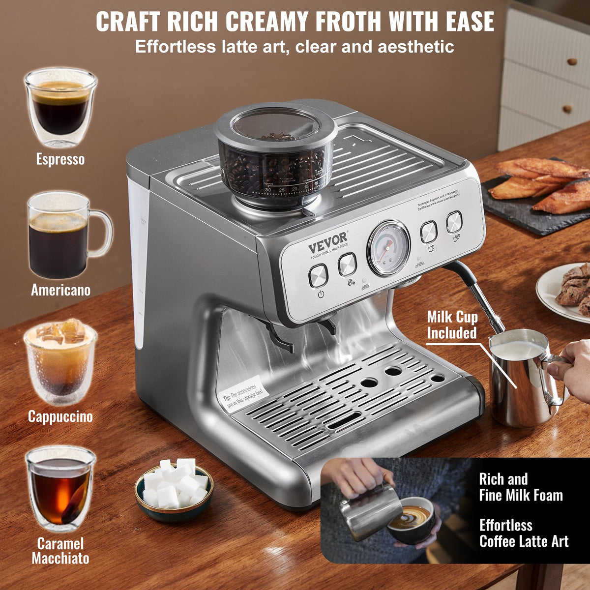 VEVOR pusautomātiskais espresso automāts 15 bar ar dzirnaviņām