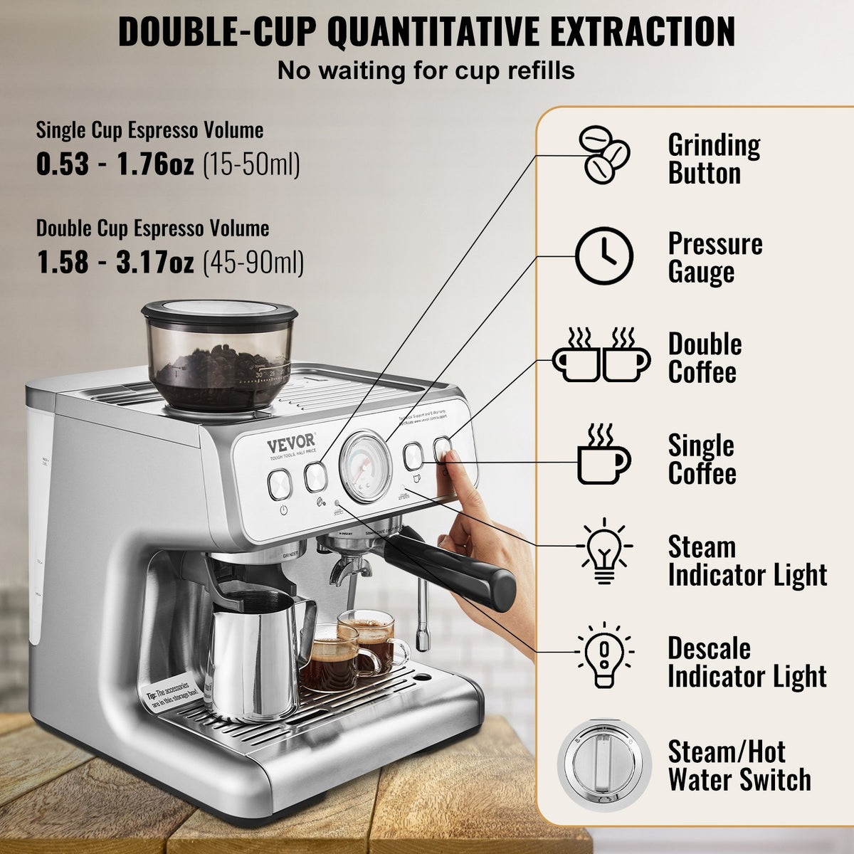 VEVOR pusautomātiskais espresso automāts 15 bar ar dzirnaviņām