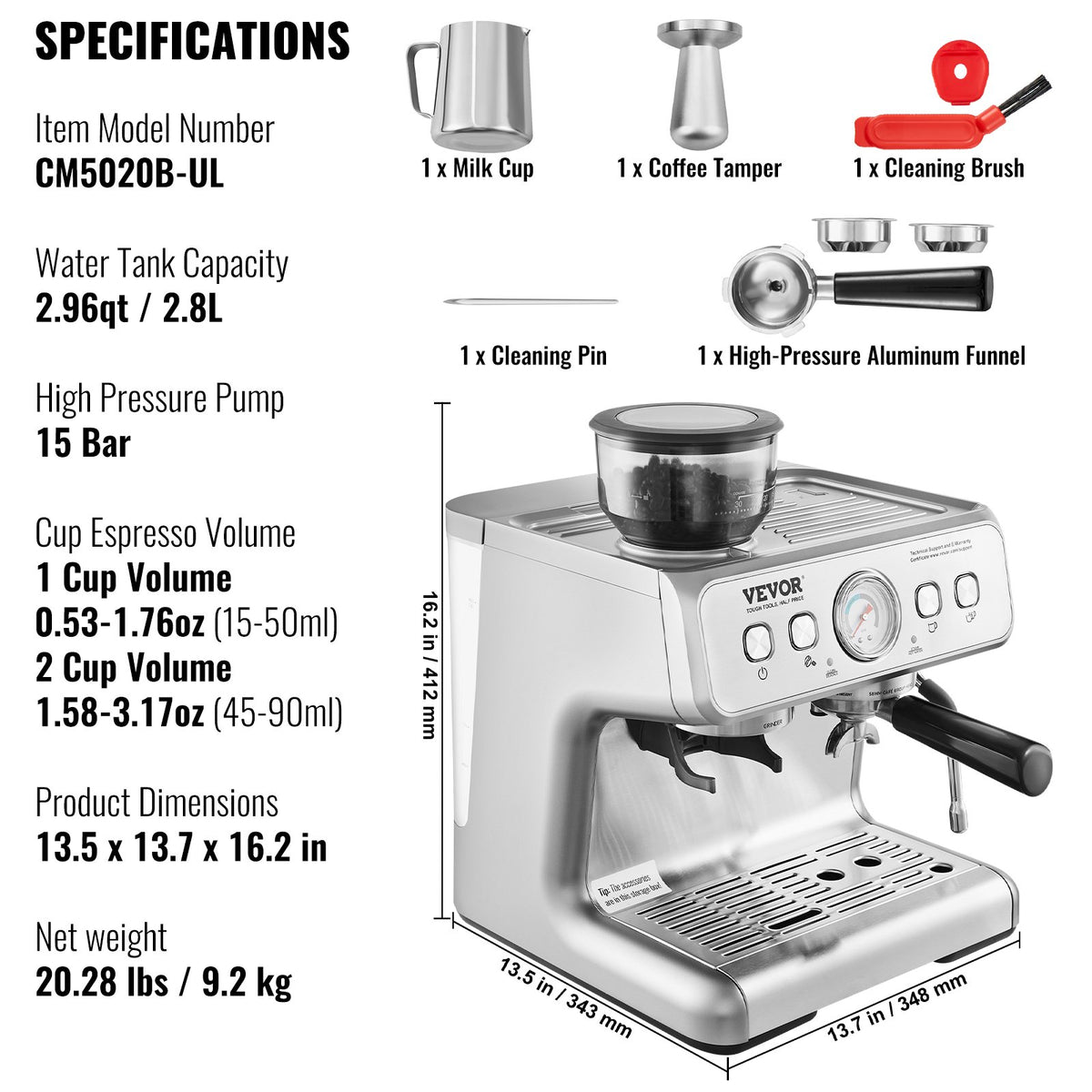 VEVOR pusautomātiskais espresso automāts 15 bar ar dzirnaviņām