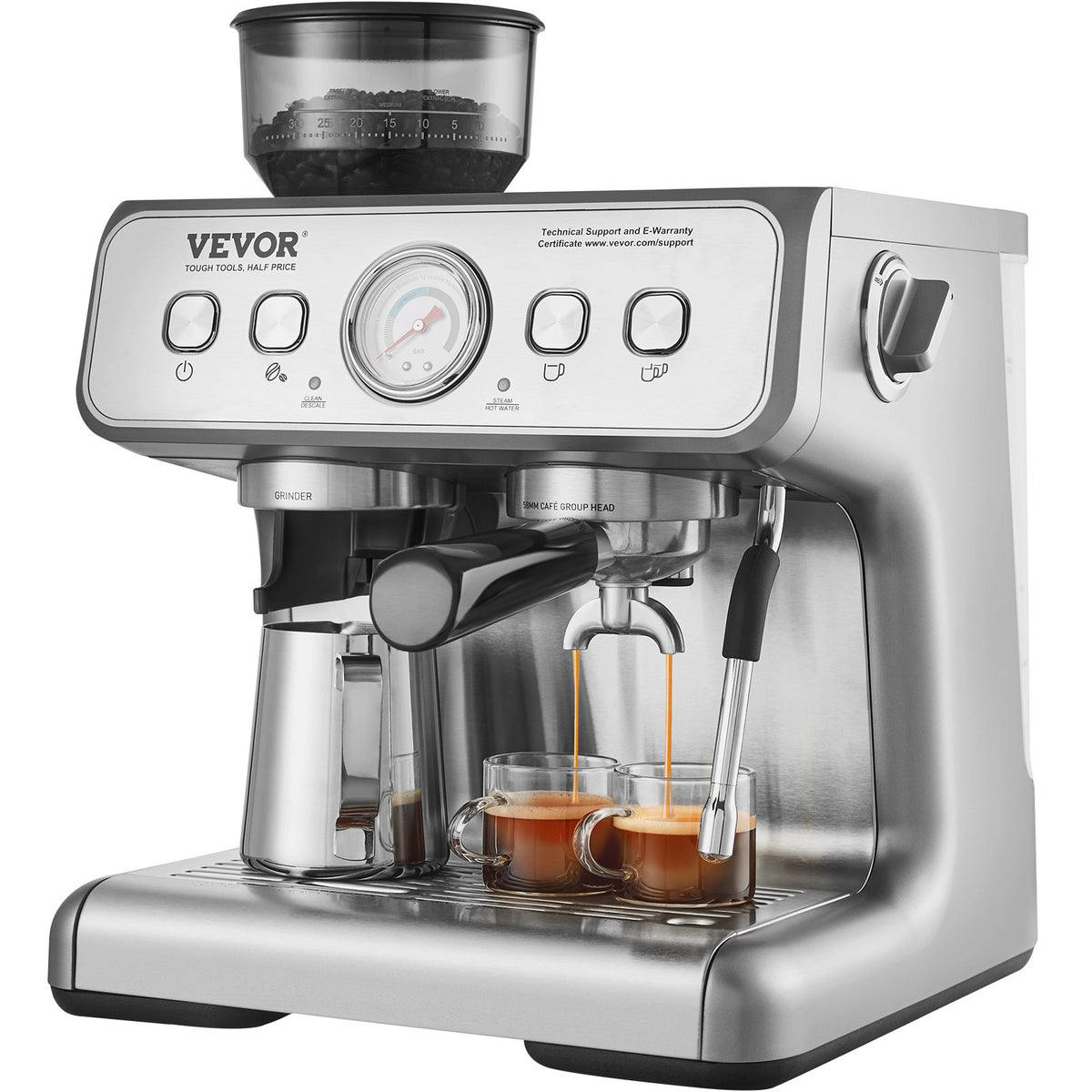 VEVOR pusautomātiskais espresso automāts 15 bar ar dzirnaviņām