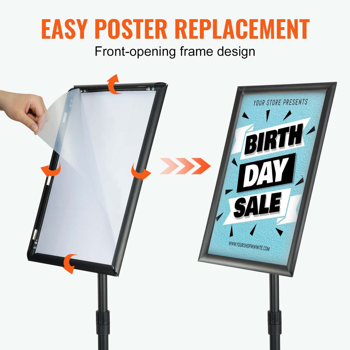 VEVOR Floor Standing Poster Holder 28 × 43 cm, Vertical and Horizontal Adjustable Stand with Round Base, for Advertising and Information Display, Black