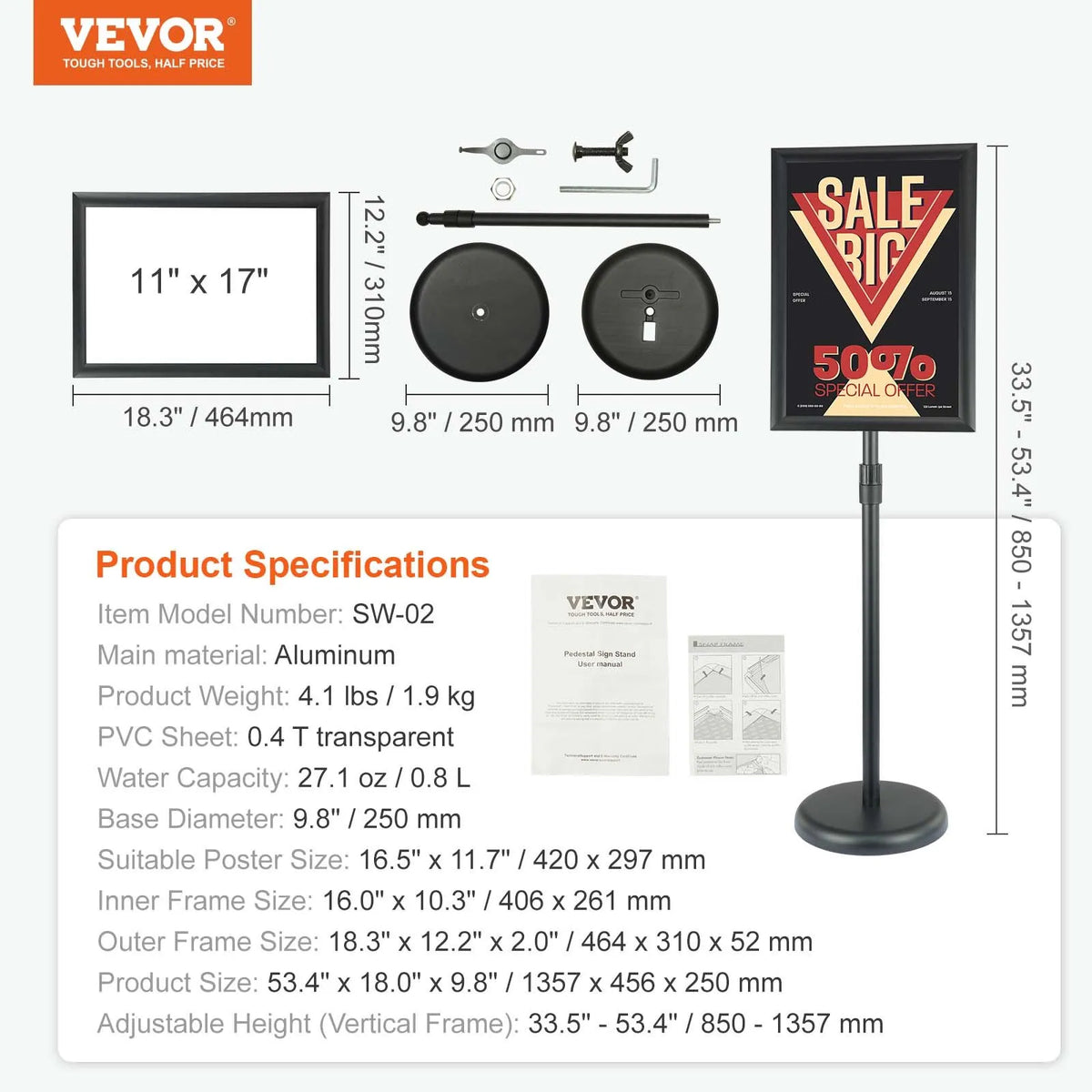 VEVOR Floor Standing Poster Holder 28 × 43 cm, Vertical and Horizontal Adjustable Stand with Round Base, for Advertising and Information Display, Black