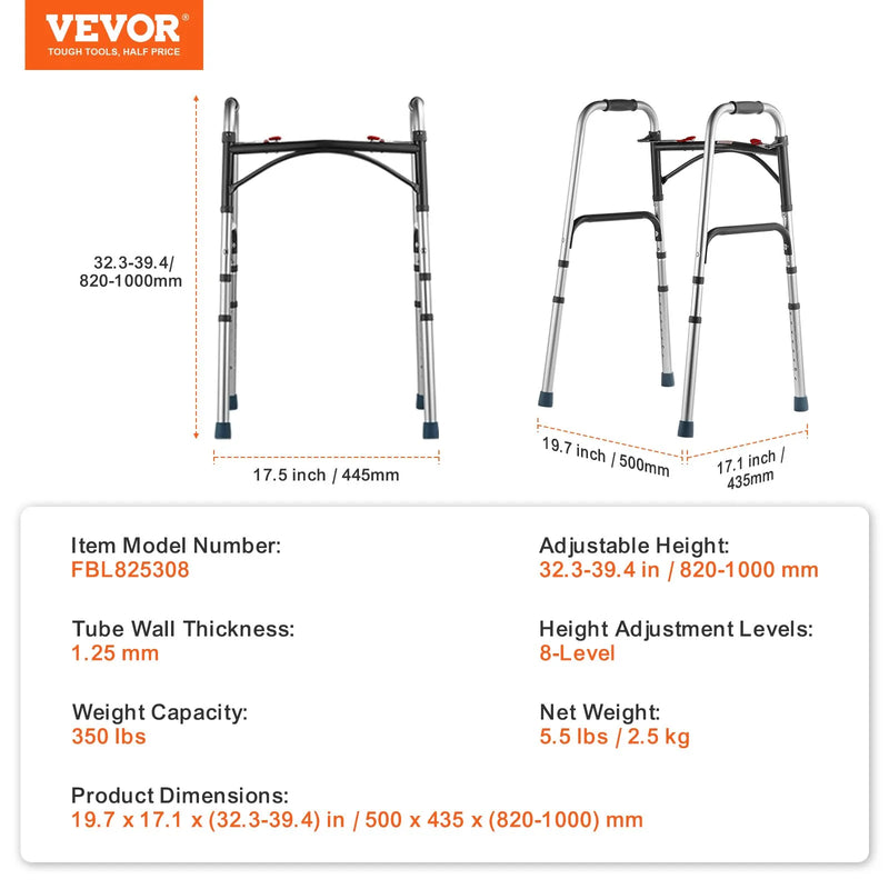 VEVOR salokāms staigāšanas rāmis ar 2 pogu salocīšanas mehānismu, 8 līmeņu augstuma regulēšana, alumīnija konstrukcija, slodze līdz 159 kg, pārvietošanās palīglīdzeklis senioriem un personām ar kustību traucējumiem - ZEMLETES.LV