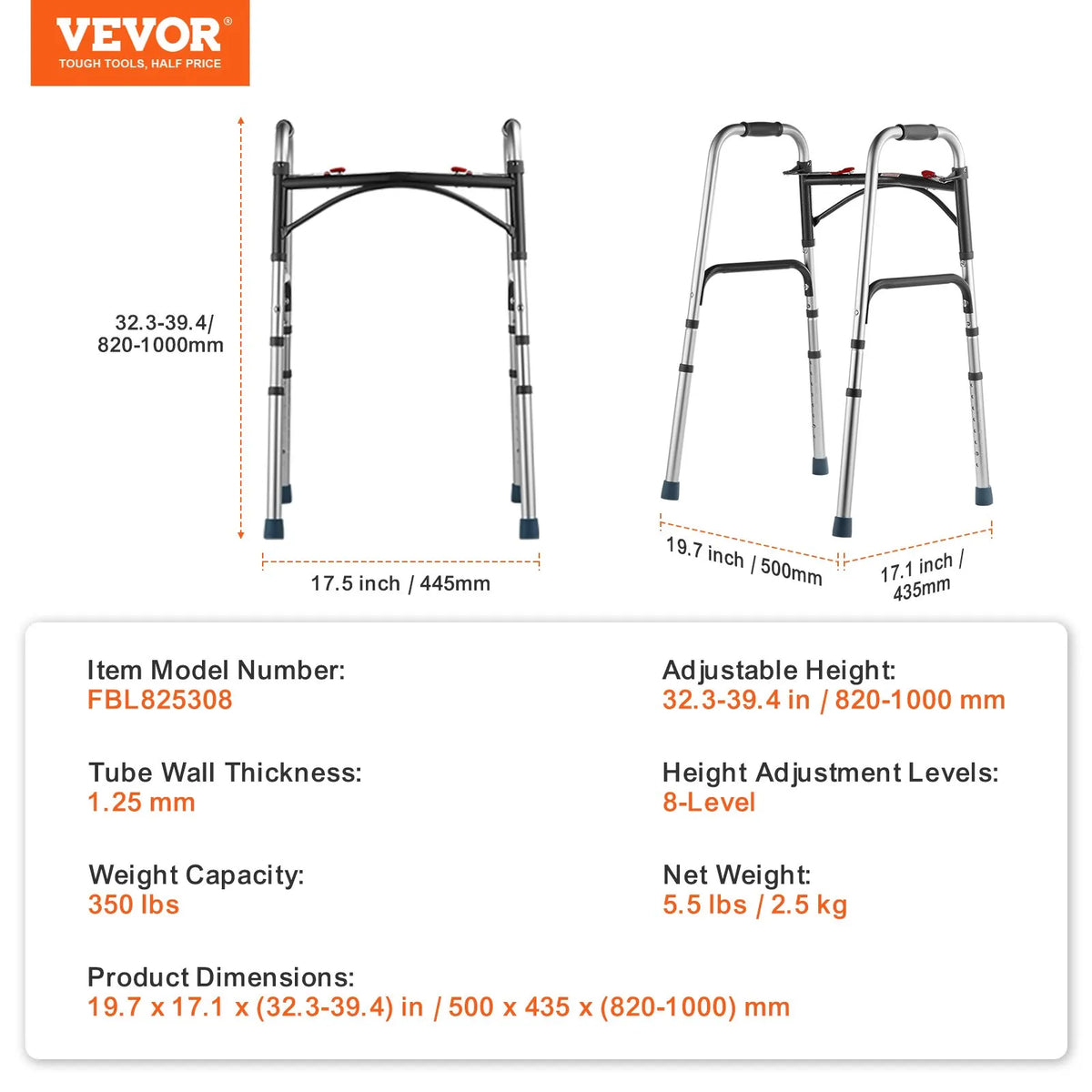 VEVOR salokāms staigāšanas rāmis ar 2 pogu salocīšanas mehānismu, 8 līmeņu augstuma regulēšana, alumīnija konstrukcija, slodze līdz 159 kg, pārvietošanās palīglīdzeklis senioriem un personām ar kustību traucējumiem - ZEMLETES.LV