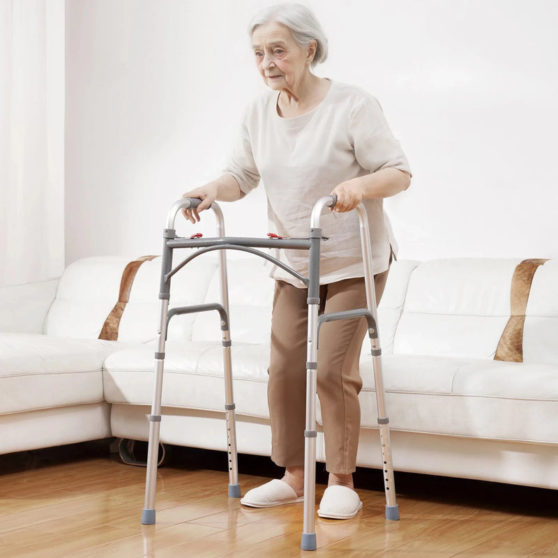 VEVOR salokāms staigāšanas rāmis ar 2 pogu salocīšanas mehānismu, 8 līmeņu augstuma regulēšana, alumīnija konstrukcija, slodze līdz 159 kg, pārvietošanās palīglīdzeklis senioriem un personām ar kustību traucējumiem - ZEMLETES.LV
