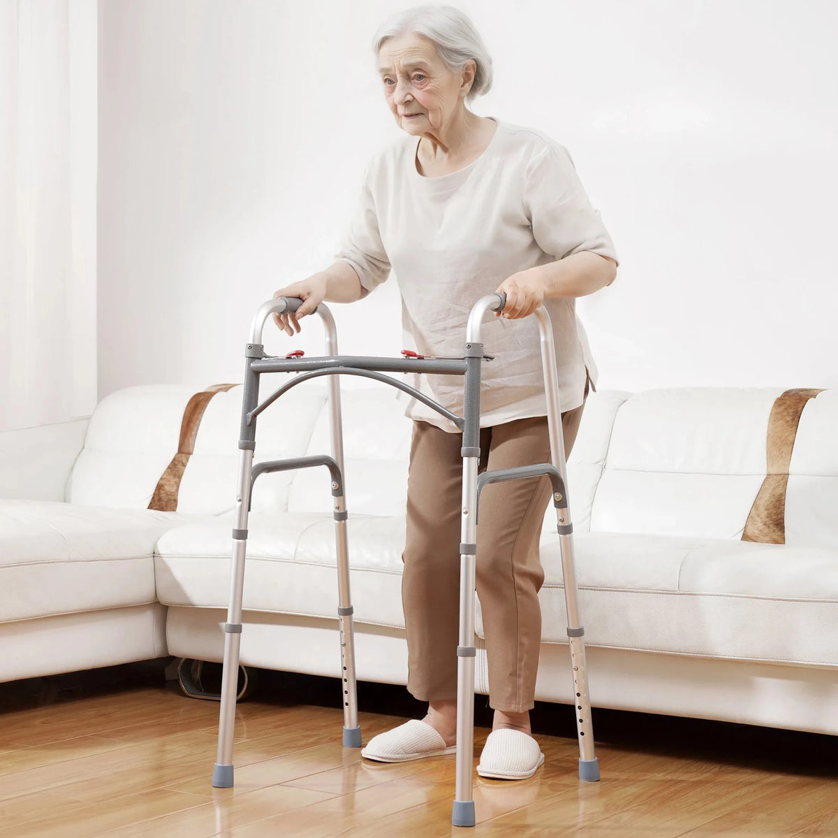VEVOR salokāms staigāšanas rāmis ar 2 pogu salocīšanas mehānismu, 8 līmeņu augstuma regulēšana, alumīnija konstrukcija, slodze līdz 159 kg, pārvietošanās palīglīdzeklis senioriem un personām ar kustību traucējumiem - ZEMLETES.LV