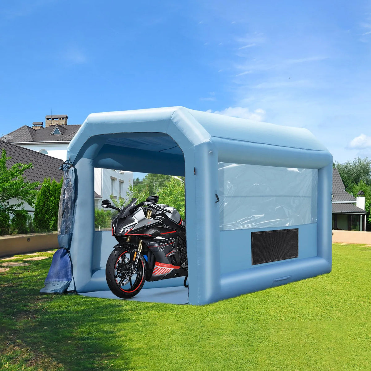 Piepūšamā krāsošanas telpa, 4 × 3 × 2,7 m, ar 750 W jaudīgu pūtēju un gaisa filtru sistēmu, pārnēsājama, piemērota motociklu, velosipēdu un automašīnu detaļu krāsošanai