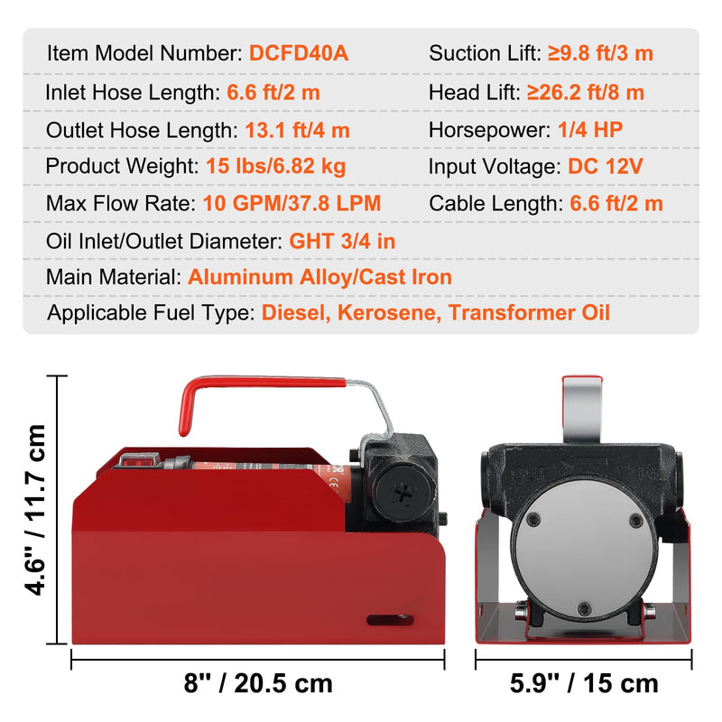 VEVOR degv. padeves sūknis, 12 V DC 10 GPM 26,2 pēdu pacēlājs, pārnēsājams elektriskā dīzeļdegvielas pārvades nosūkšanas sūkņa komplekts ar automātiskās izslēgšanas sprauslu, piegādes un sūkšanas šļūtene dīzeļdegvielai, petrolejai, transformatora eļļai