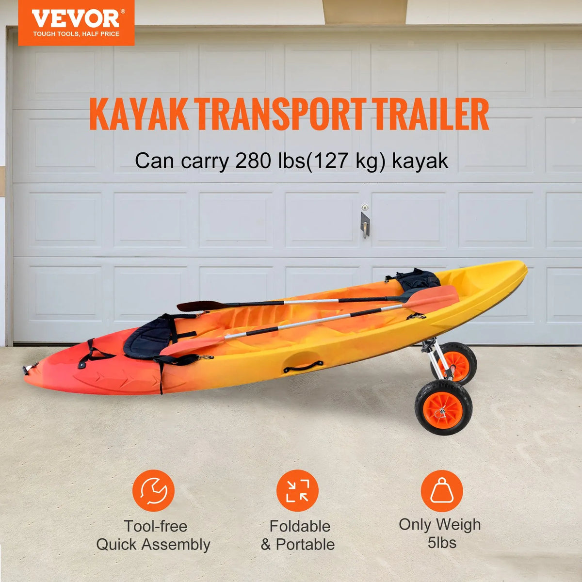 VEVOR Heavy-Duty Kayak Cart, 127 kg Load Capacity, Removable, with 254 mm Solid Tyres, Adjustable Width and Top Foam Protection, Suitable for Kayaks with Drain Holes 2.54 mm and Larger