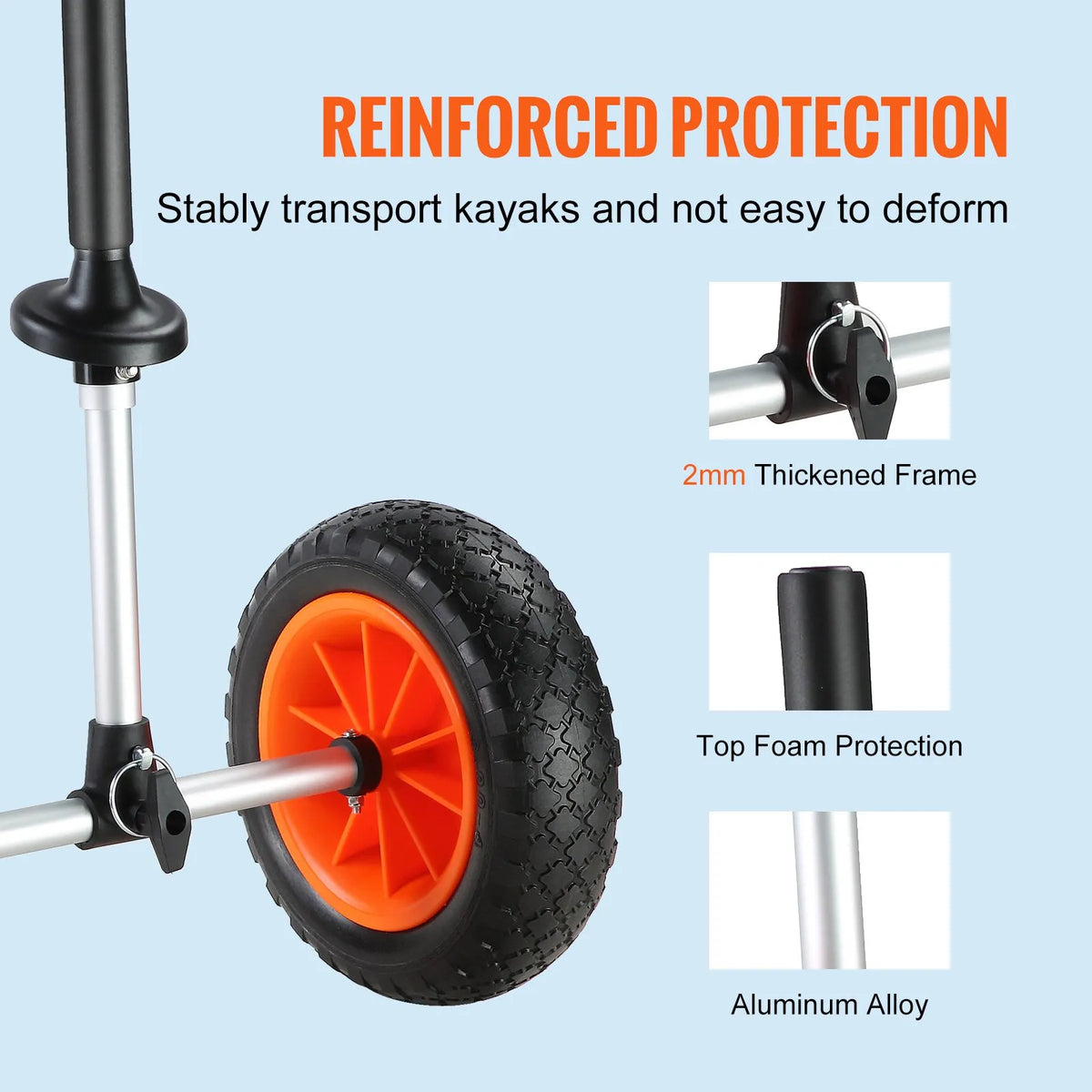 VEVOR Heavy-Duty Kayak Cart, 127 kg Load Capacity, Removable, with 254 mm Solid Tyres, Adjustable Width and Top Foam Protection, Suitable for Kayaks with Drain Holes 2.54 mm and Larger
