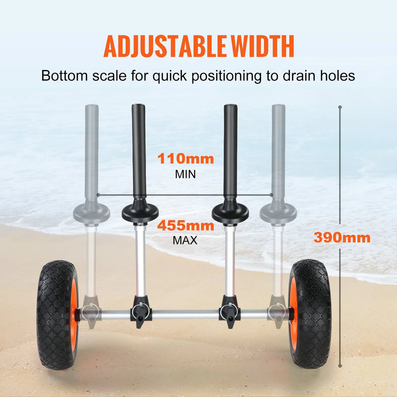 VEVOR smagās slodzes kajaka rati, kravnesība 127 kg, noņemami, ar 254 mm pilnriepu riteņiem, regulējams platums un augšējā putu aizsardzība, piemēroti kajakiem ar notekcaurumiem no 2,54 mm un lielākiem