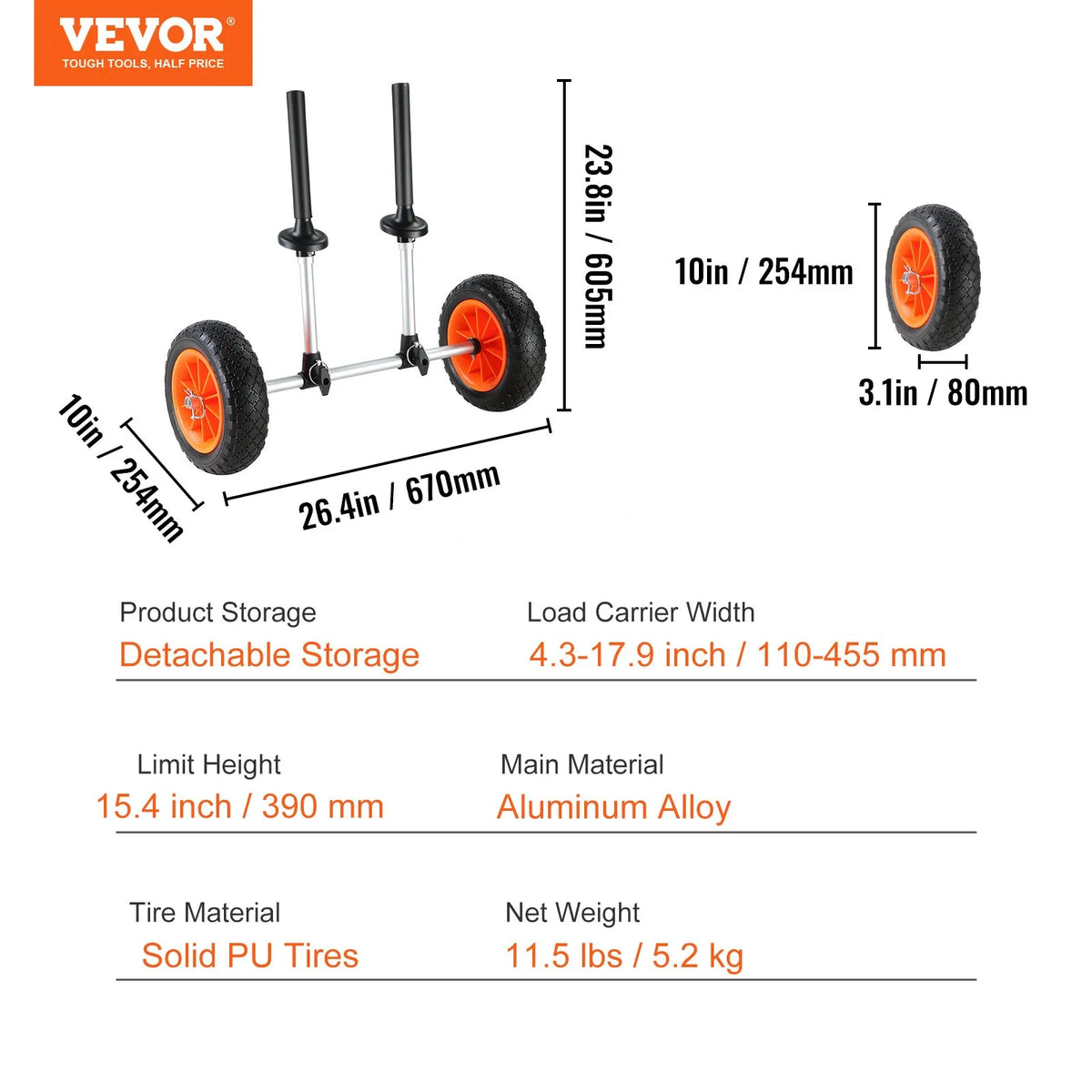 VEVOR Heavy-Duty Kayak Cart, 127 kg Load Capacity, Removable, with 254 mm Solid Tyres, Adjustable Width and Top Foam Protection, Suitable for Kayaks with Drain Holes 2.54 mm and Larger