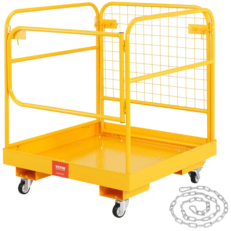 VEVOR drošības platforma iekrāvējam, 544,3 kg kravnesība, 91,4 x 91,4 cm salokāma darba platforma ar bloķējamiem grozāmiem riteņiem, drenāžas atveri un drošības ķēdi, paredzēta 1–2 personām darbam augstumā
