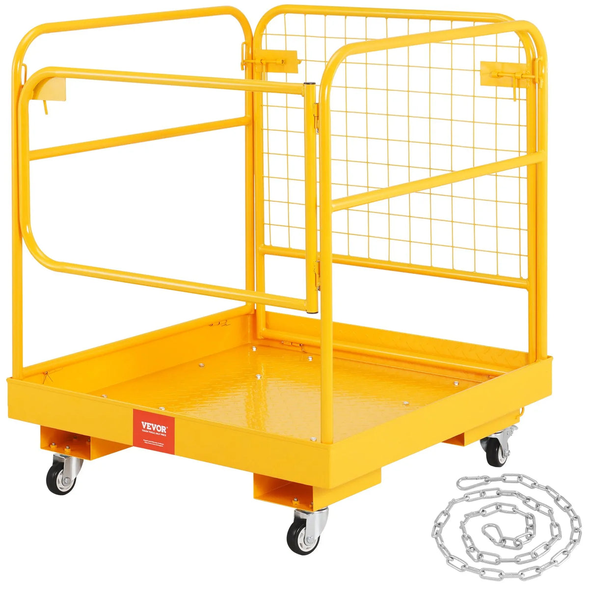 VEVOR drošības platforma iekrāvējam, 544,3 kg kravnesība, 91,4 x 91,4 cm salokāma darba platforma ar bloķējamiem grozāmiem riteņiem, drenāžas atveri un drošības ķēdi, paredzēta 1–2 personām darbam augstumā