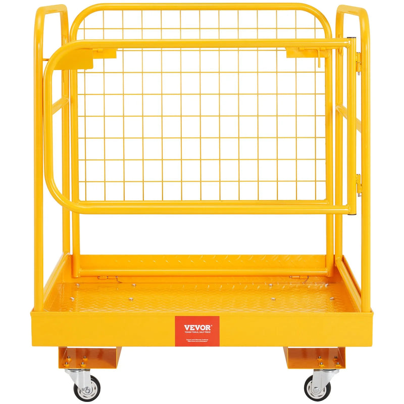 VEVOR drošības platforma iekrāvējam, 544,3 kg kravnesība, 91,4 x 91,4 cm salokāma darba platforma ar bloķējamiem grozāmiem riteņiem, drenāžas atveri un drošības ķēdi, paredzēta 1–2 personām darbam augstumā