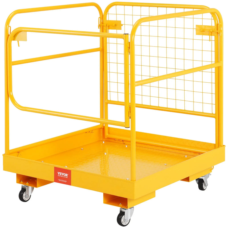 VEVOR drošības platforma iekrāvējam, 544,3 kg kravnesība, 91,4 x 91,4 cm salokāma darba platforma ar bloķējamiem grozāmiem riteņiem, drenāžas atveri un drošības ķēdi, paredzēta 1–2 personām darbam augstumā