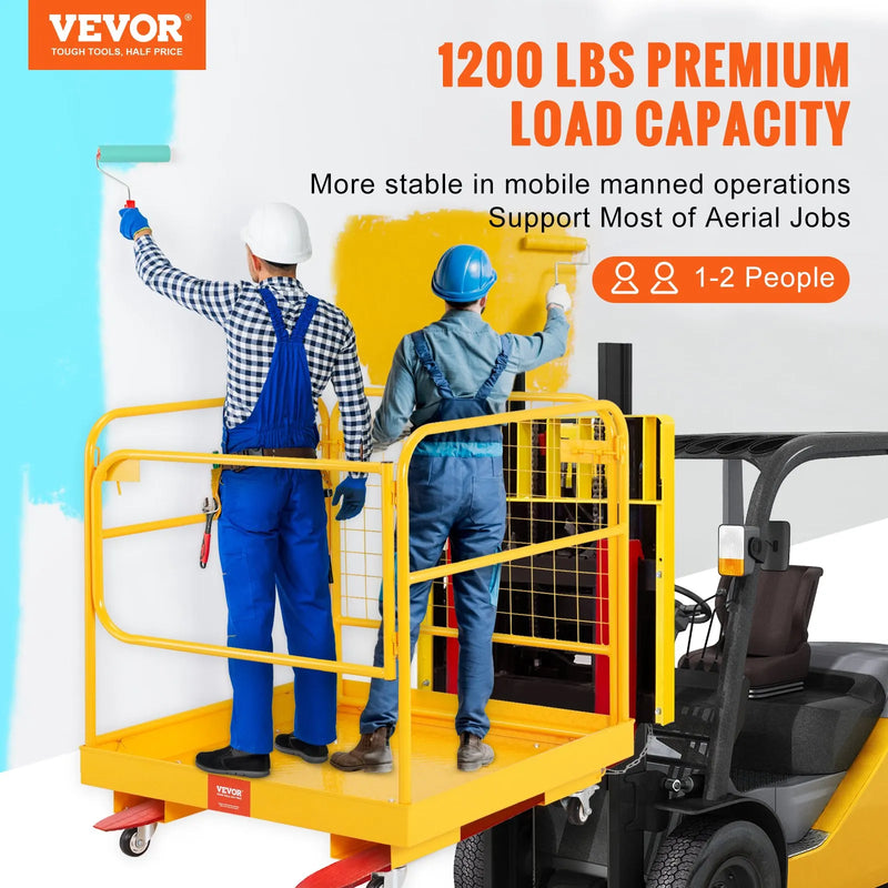 VEVOR drošības platforma iekrāvējam, 544,3 kg kravnesība, 91,4 x 91,4 cm salokāma darba platforma ar bloķējamiem grozāmiem riteņiem, drenāžas atveri un drošības ķēdi, paredzēta 1–2 personām darbam augstumā