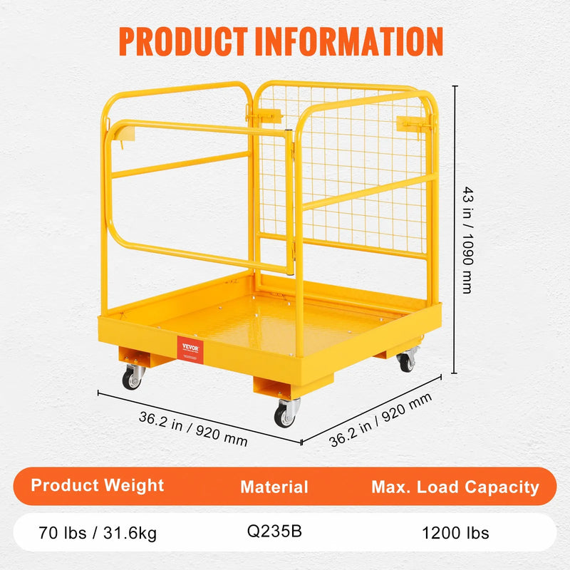 VEVOR drošības platforma iekrāvējam, 544,3 kg kravnesība, 91,4 x 91,4 cm salokāma darba platforma ar bloķējamiem grozāmiem riteņiem, drenāžas atveri un drošības ķēdi, paredzēta 1–2 personām darbam augstumā