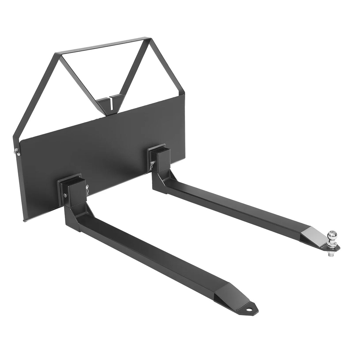 Mini loader pallet forks with 1179 kg lifting capacity, 122 cm fork tines, 47.6 mm ball hitch coupling and quick attachment for mini loaders and tractors
