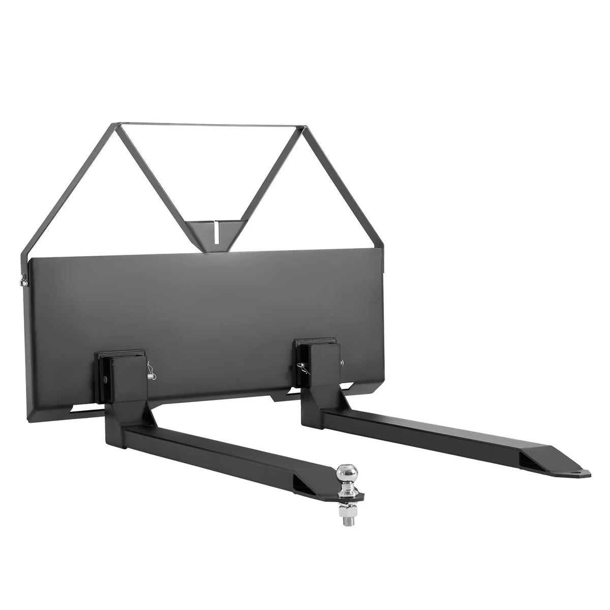 Mini loader pallet forks with 1179 kg lifting capacity, 122 cm fork tines, 47.6 mm ball hitch coupling and quick attachment for mini loaders and tractors