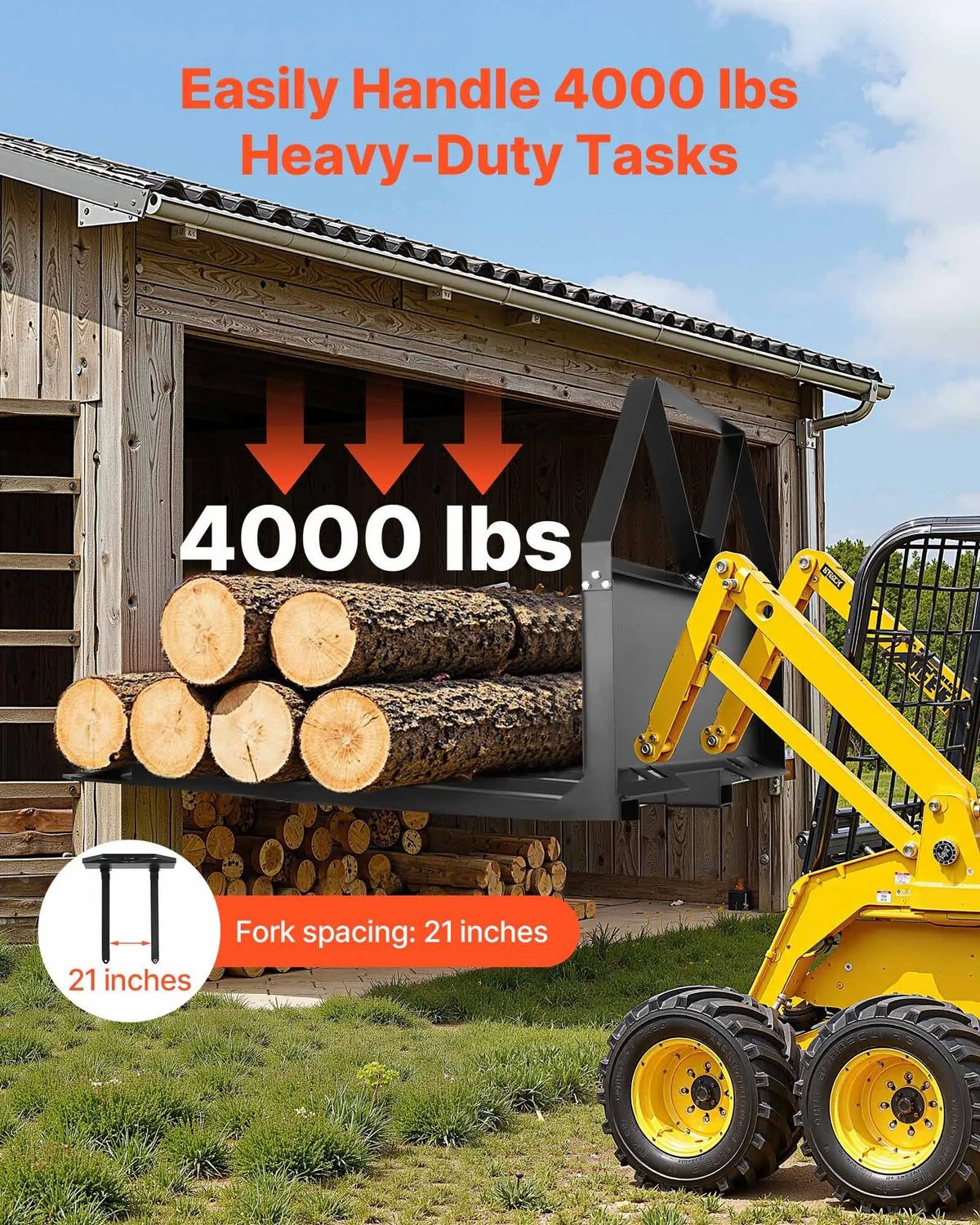 Mini loader pallet forks with 1179 kg lifting capacity, 122 cm fork tines, 47.6 mm ball hitch coupling and quick attachment for mini loaders and tractors