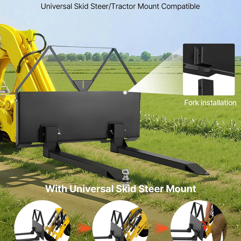 Mini iekrāvēja palešu dakšas ar 1179 kg celtspēju, 122 cm dakšu lāpstiņām, 47,6 mm lodveida piekabes savienojumu un ātro stiprinājumu mini iekrāvējiem un traktoriem