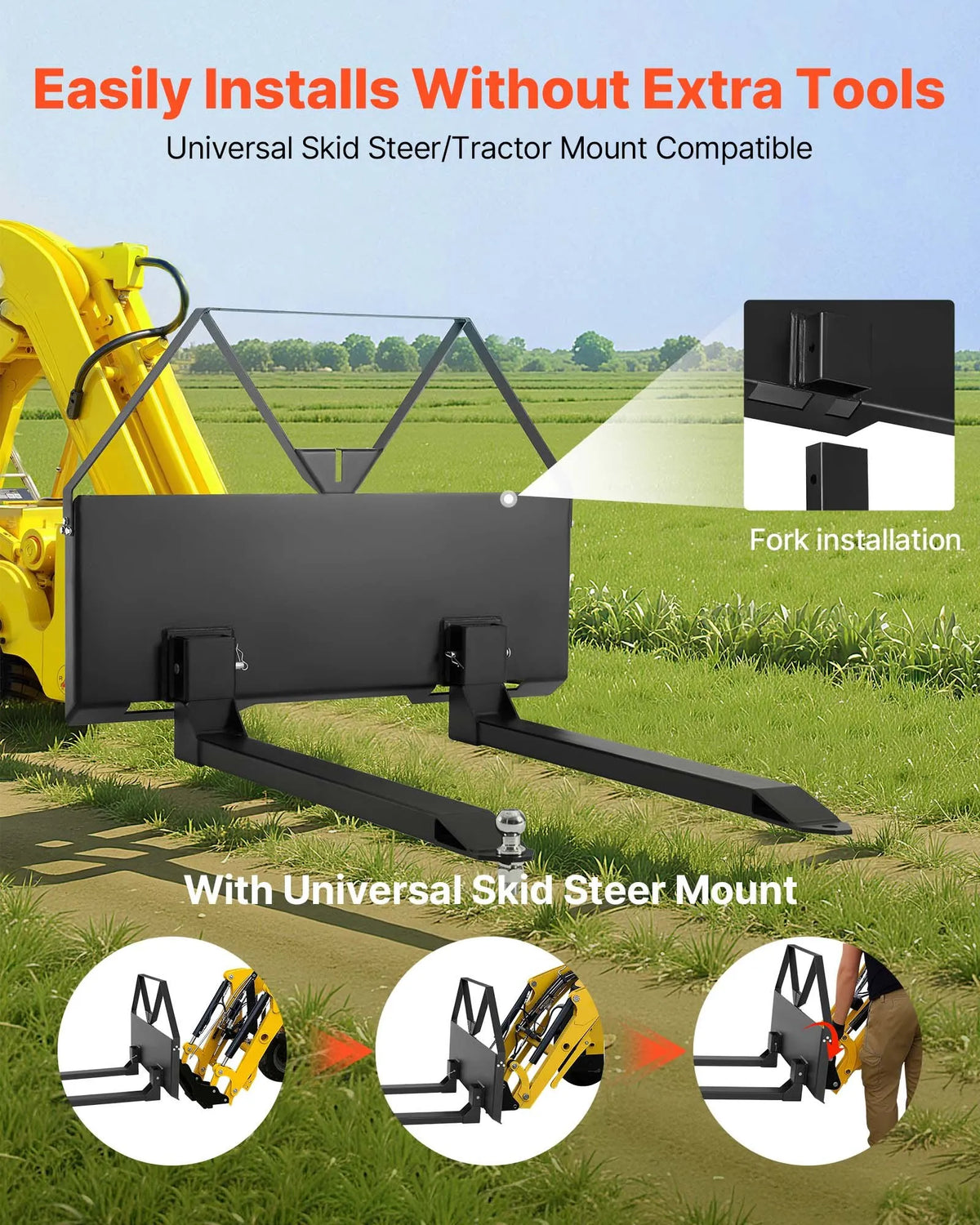 Mini loader pallet forks with 1179 kg lifting capacity, 122 cm fork tines, 47.6 mm ball hitch coupling and quick attachment for mini loaders and tractors