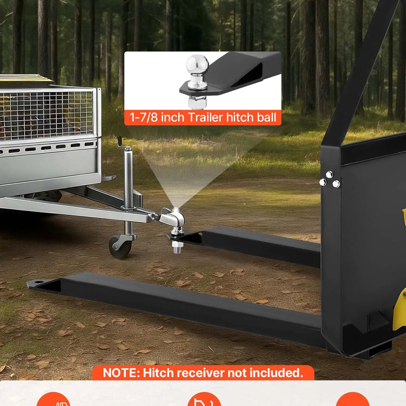 Mini iekrāvēja palešu dakšas ar 1179 kg celtspēju, 122 cm dakšu lāpstiņām, 47,6 mm lodveida piekabes savienojumu un ātro stiprinājumu mini iekrāvējiem un traktoriem