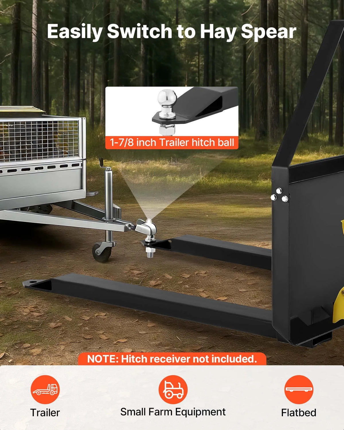 Mini loader pallet forks with 1179 kg lifting capacity, 122 cm fork tines, 47.6 mm ball hitch coupling and quick attachment for mini loaders and tractors