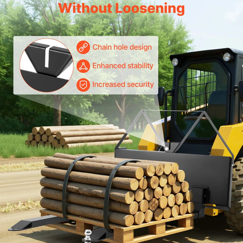 Mini iekrāvēja palešu dakšas ar 1179 kg celtspēju, 122 cm dakšu lāpstiņām, 47,6 mm lodveida piekabes savienojumu un ātro stiprinājumu mini iekrāvējiem un traktoriem