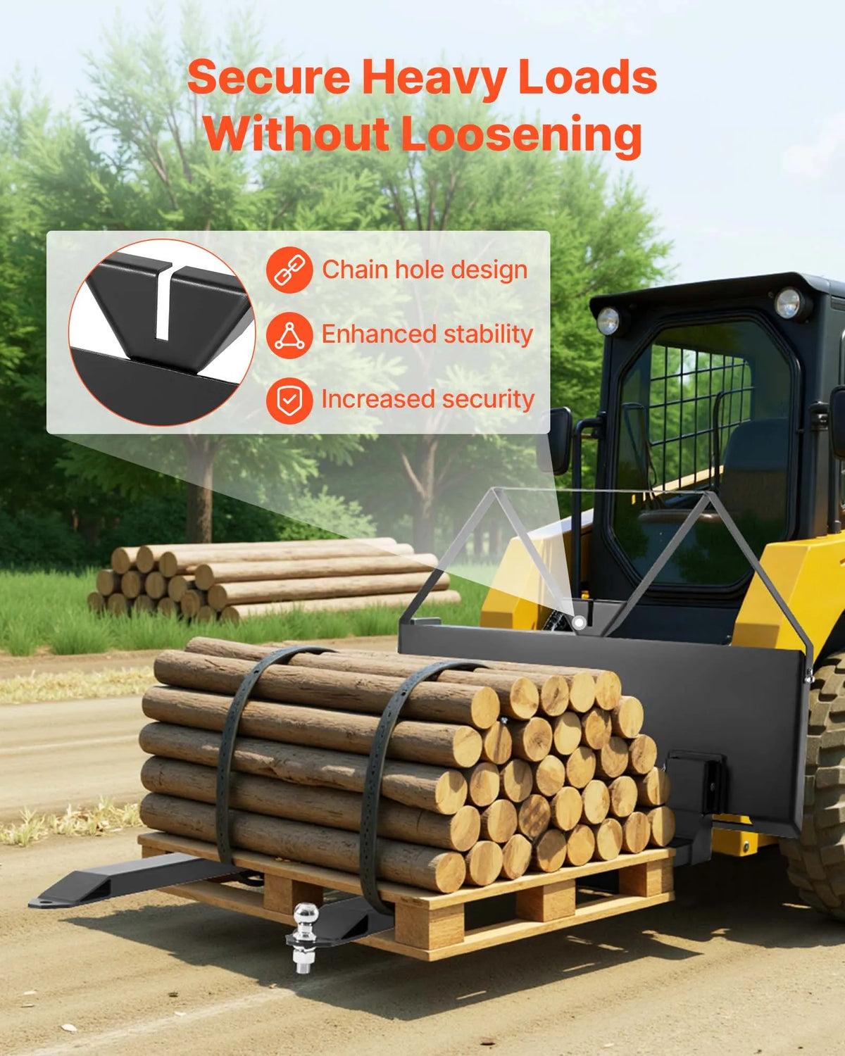 Mini loader pallet forks with 1179 kg lifting capacity, 122 cm fork tines, 47.6 mm ball hitch coupling and quick attachment for mini loaders and tractors