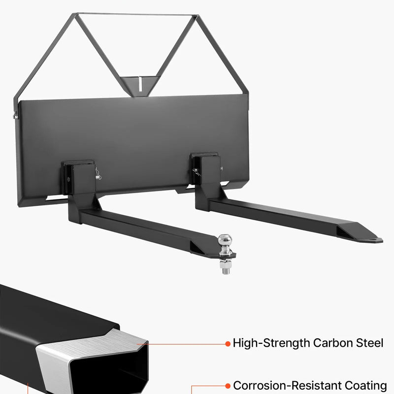 Mini iekrāvēja palešu dakšas ar 1179 kg celtspēju, 122 cm dakšu lāpstiņām, 47,6 mm lodveida piekabes savienojumu un ātro stiprinājumu mini iekrāvējiem un traktoriem