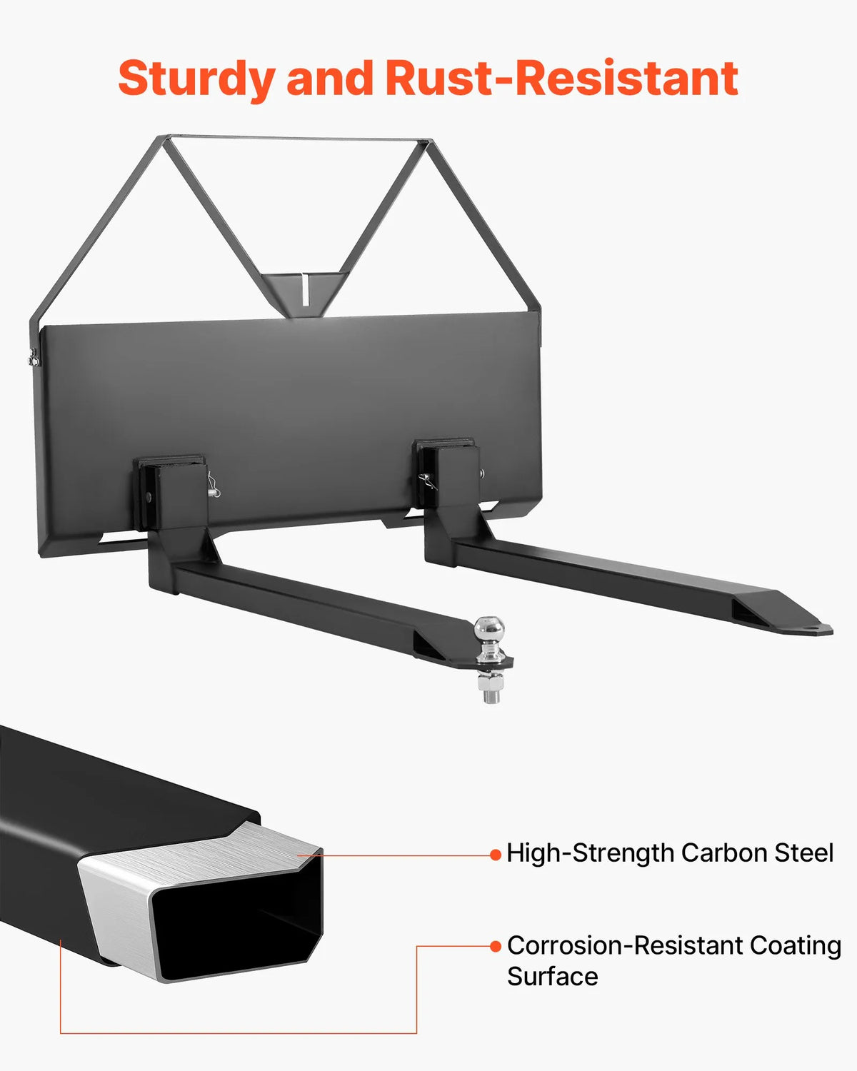Mini loader pallet forks with 1179 kg lifting capacity, 122 cm fork tines, 47.6 mm ball hitch coupling and quick attachment for mini loaders and tractors