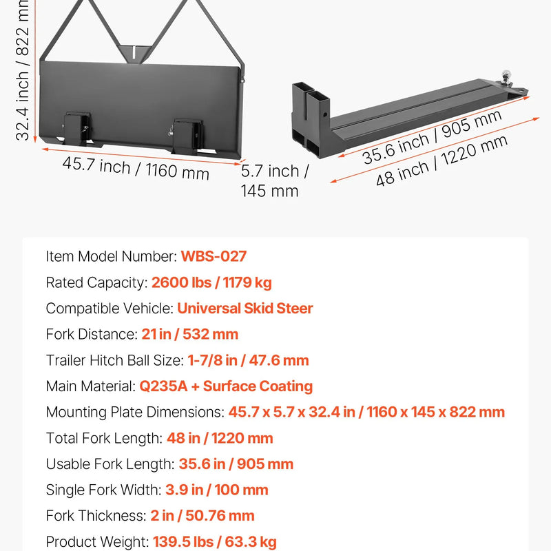 Mini iekrāvēja palešu dakšas ar 1179 kg celtspēju, 122 cm dakšu lāpstiņām, 47,6 mm lodveida piekabes savienojumu un ātro stiprinājumu mini iekrāvējiem un traktoriem