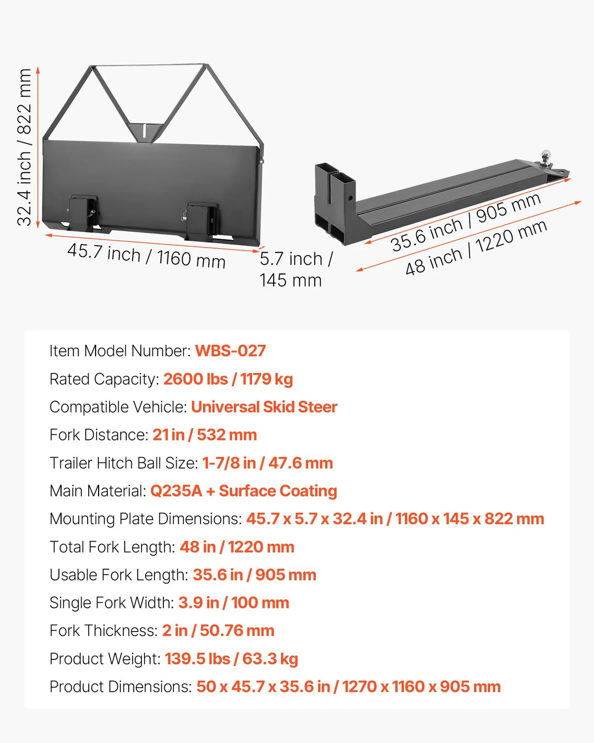 Mini loader pallet forks with 1179 kg lifting capacity, 122 cm fork tines, 47.6 mm ball hitch coupling and quick attachment for mini loaders and tractors