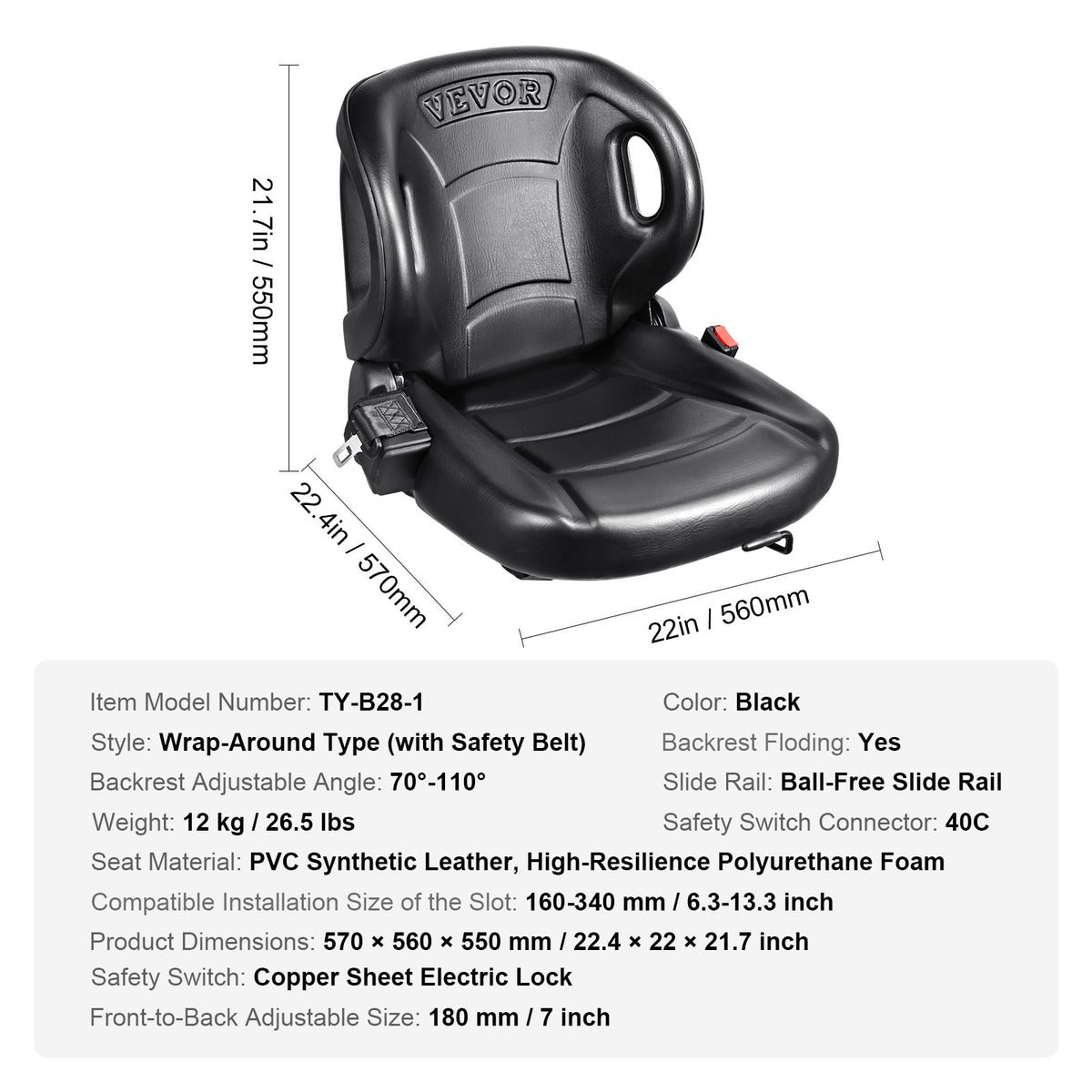 VEVOR Universal Loader Seat with Adjustable Backrest, Safety Belt and Micro Switch – Suitable for Tractor, Loader and Excavator