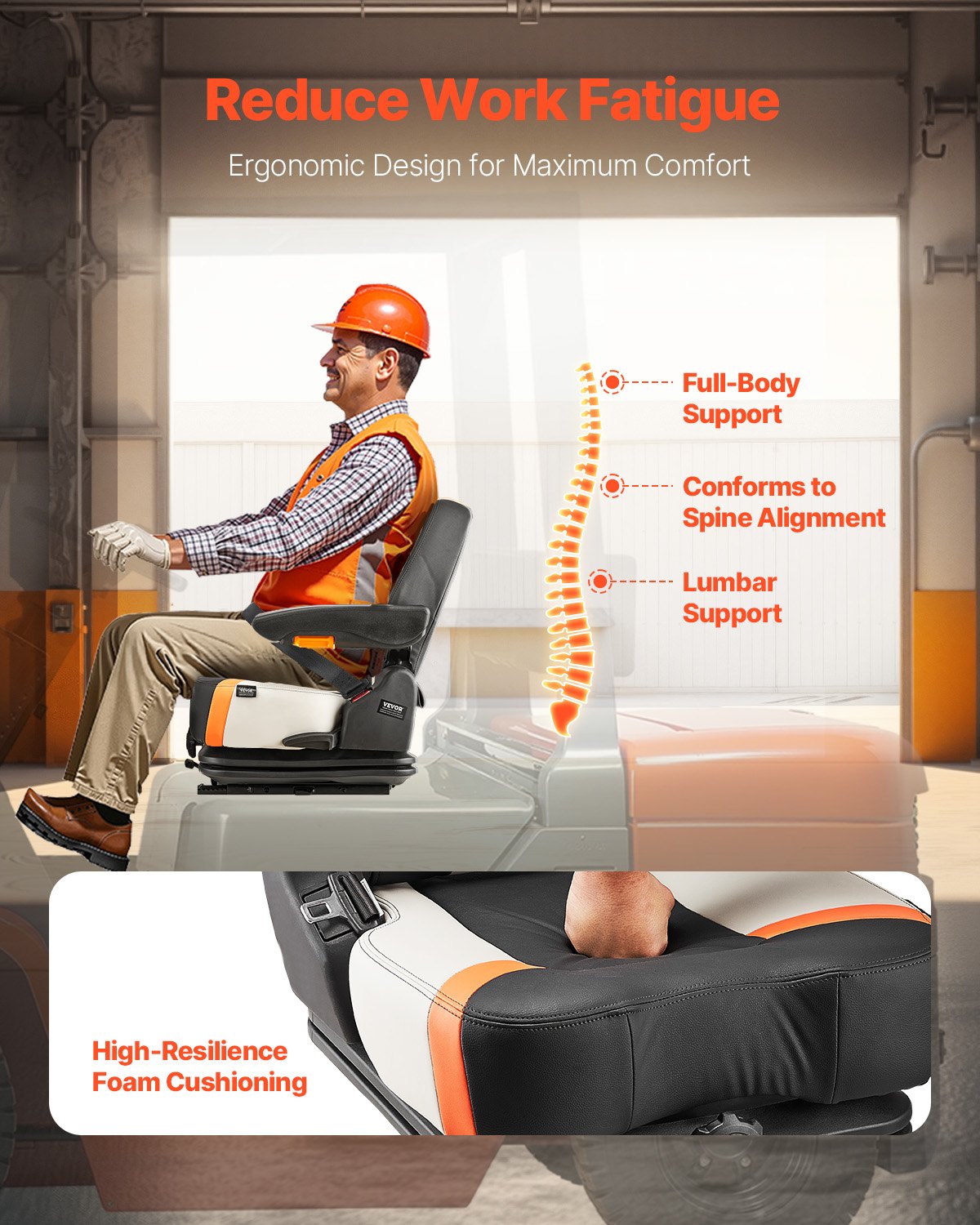 VEVOR Universal Loader Seat with Folding Backrest – Adjustable Tractor Seat with Suspension