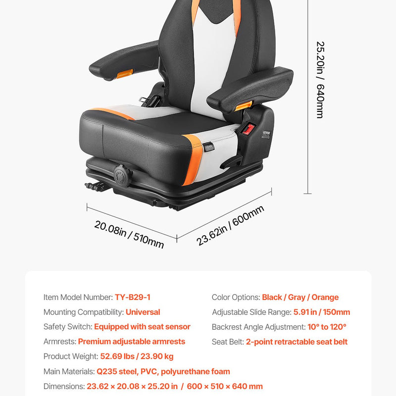 VEVOR universālais iekrāvēja sēdeklis ar nolokāmu atzveltni – regulējams traktora sēdeklis ar amortizāciju