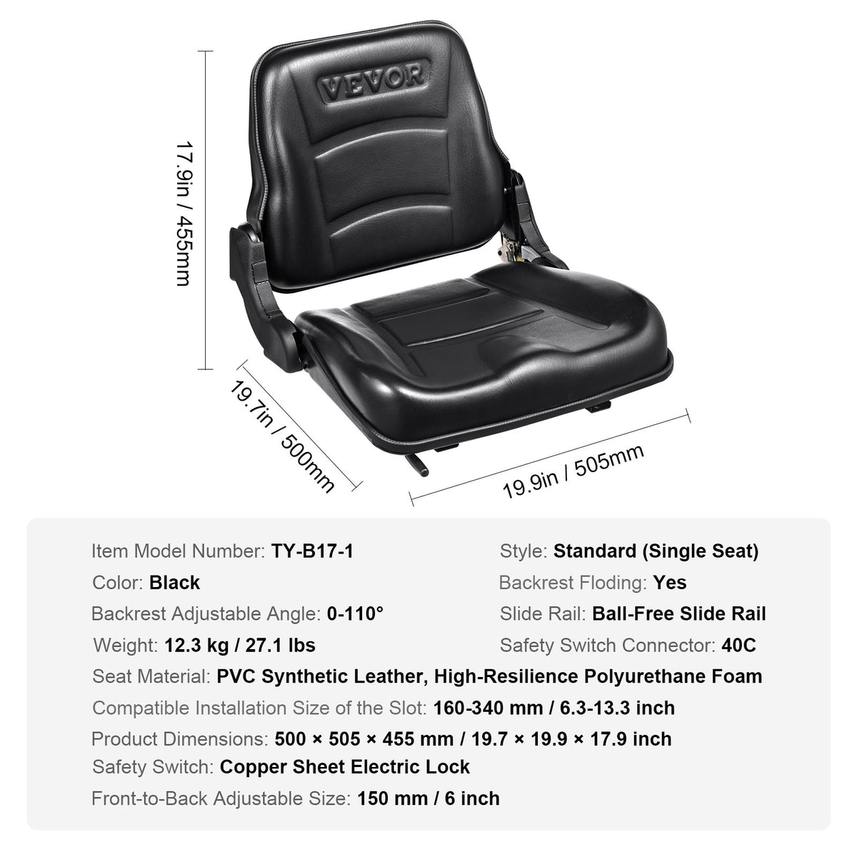VEVOR Universal Loader Seat, Foldable Tractor Seat with Adjustable Backrest Angle and Micro Switch, 160–340 mm Rail Spacing, Suitable for Tractors, Loaders and Excavators