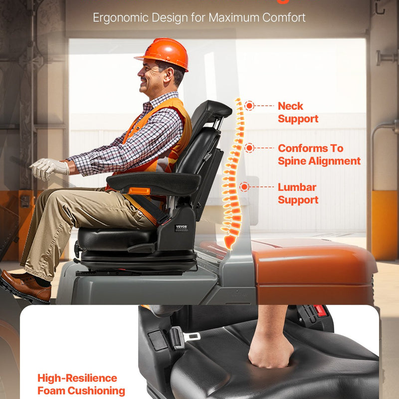 VEVOR iekrāvēja sēdeklis, nolokāms traktora piekares sēdeklis ar regulējamu atzveltni un galvas balstu