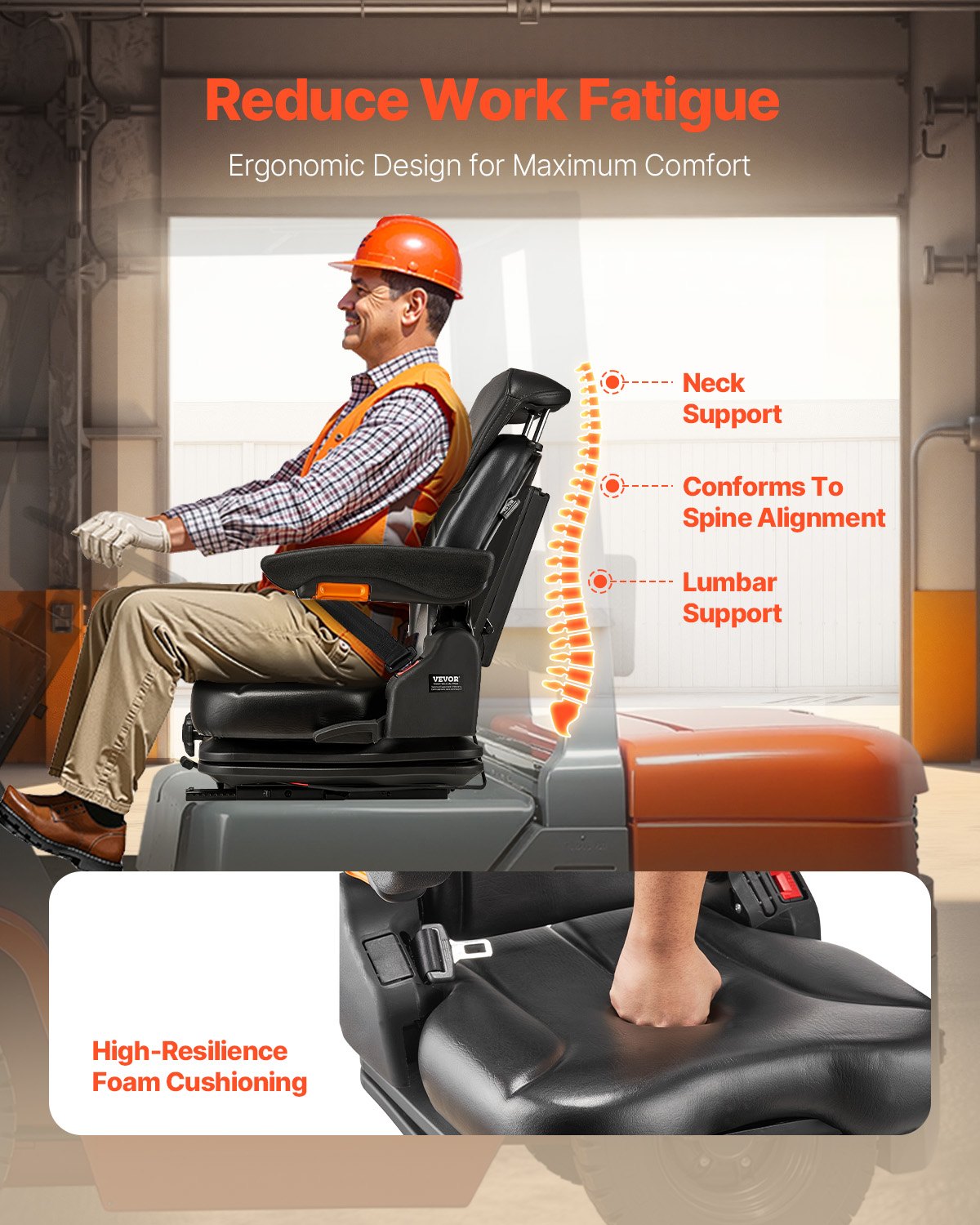 VEVOR Loader Seat, Foldable Tractor Trailer Seat with Adjustable Backrest and Headrest