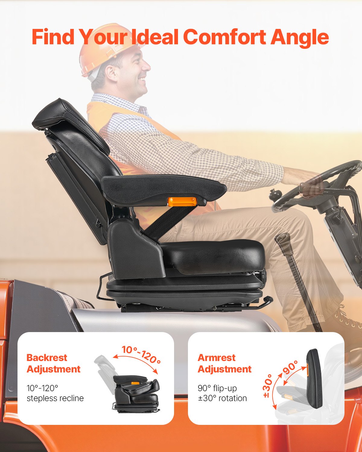 VEVOR Loader Seat, Foldable Tractor Trailer Seat with Adjustable Backrest and Headrest