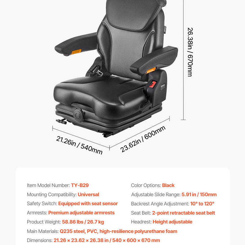 VEVOR iekrāvēja sēdeklis, nolokāms traktora piekares sēdeklis ar regulējamu atzveltni un galvas balstu