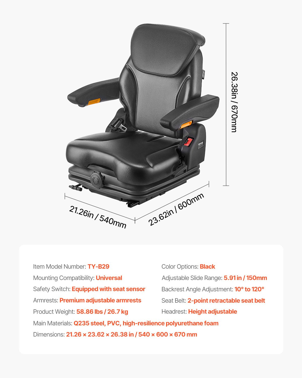 VEVOR Loader Seat, Foldable Tractor Trailer Seat with Adjustable Backrest and Headrest