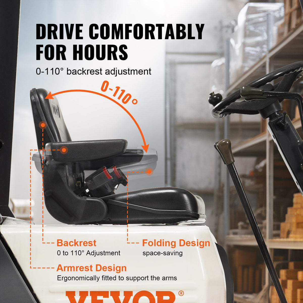 VEVOR Universal Loader Seat – Foldable Tractor Seat with Adjustable Backrest Angle, Micro Switch, Safety Belt and Armrests, 160–340 mm Mounting Holes – for Tractors, Loaders and Excavators